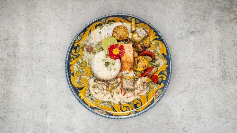 Lazacsteak bistecca di salmone grillzöldséggel, olasz étterem Csepel